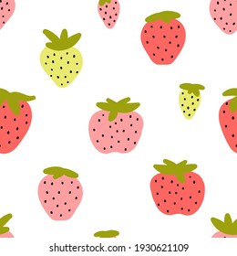 Seamless pattern with cute red and pink and green strawberries. Endless simple ornament in the Scandinavian style. Summer berries vector