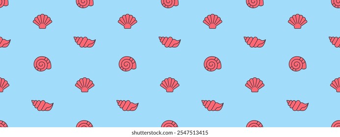 Seamless pattern with cute red shell. Hand drawn travel and summer background with seashell. Cartoon flat pattern with sea objects, vector illustration