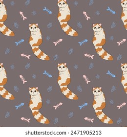 Seamless pattern with cute red tabby cat. Creative childish texture. Cartoon vector print for fabric, textile, apparel, wallpaper.  Hand drawn vector illustration. 