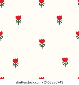 Seamless pattern with cute red tulips on white background. Vector illustration.	
