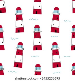 Seamless pattern with cute red and white lighthouses. Background, wallpaper, wrapping paper, fabric, texture template.