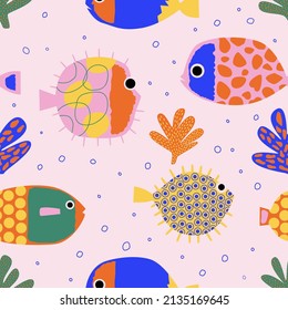 Seamless pattern with cute reef fishes, puffer fishes, corals. Funny multicolor background, marine texture. Contemporary vector illustration.