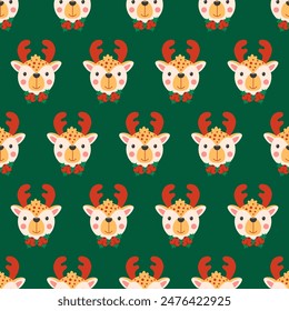 Seamless pattern cute cute reindeer with holly berries. Happy new year repeating background. Holiday cartoon character in winter season. Flat vector illustration 