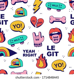 Seamless pattern. Cute repetitive drawings for patches and stickers - giant creative set incuding skateboard, rainbow, fire and lips . Cartoon style illustration set made in vector. Hipster elements.