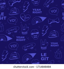  Patrón sin problemas. Dibujos repetitivos para parches y emoticones - conjunto creativo gigante que incluye patines, arcoíris, fuego y labios . Ilustración de estilo de dibujo realizada en vector. Elementos Hipster