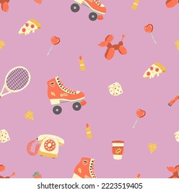 Seamless pattern with cute retro elements. Roller Skates, tennis racquet, retro phone, coffee and etc. Hand drawn vector illustration