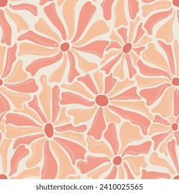 Seamless pattern with cute retro groovy flowers in peach fuzz colors. Summer simple abstract design in naive art style . 60s vintage style plants. Colorful psychedelic background. Vector illustration