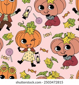 Patrón sin fisuras de dibujos animados de calabaza groovy retro lindo, es un personaje de dibujos animados retro de los años 70 y 60. Patrón para tela y papel de embalaje, patrón para el Fondo de pantalla de diseño y estampados de moda.