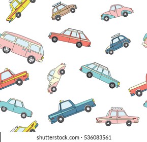 Seamless pattern with cute retro hand drawn cars