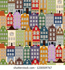 Seamless pattern of Cute retro houses exterior. Collection of European building facades. Traditional architecture of Belgium and Netherlands.