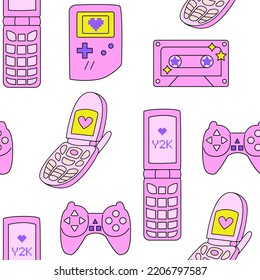 Seamless Pattern With Cute Retro Objects: Flip Phone, Cassette, Game Console, Gamepad In Retrowave Aesthetic. Vector Nostalgic Background In Y2k, 00s, 90s Concept