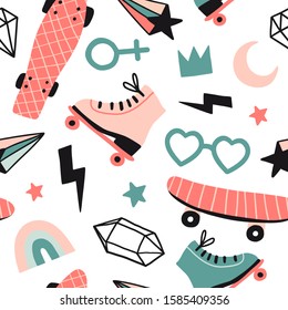 Seamless pattern with cute retro roller skates, skateboards, stars, abstract doodle shapes. Vintage vector texture for kids textile, wrapping paper. Cartoon 80s-90s comic style background for girls.