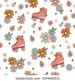 Seamless pattern with cute retro roller skates with cute blue and pink flowers on white background. Groovy girl pattern. Cute pattern for textile, paper.
