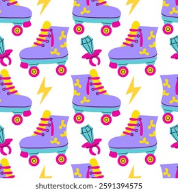 Seamless pattern with cute retro roller skates . 80s 90s seamless pattern in modern style flat, line style. Hand drawn vector illustration.