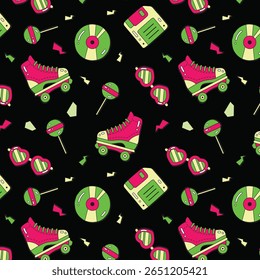 Padrão contínuo com patins de rolo retro bonitos, skates, estrelas, formas de rabiscar abstrato. Vintage textura vetorial para crianças têxtil, papel de embrulho. Cartoon 80s-90s história em quadrinhos estilo de fundo para meninas.
