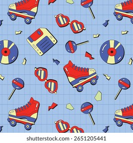 Padrão contínuo com patins de rolo retro bonitos, skates, estrelas, formas de rabiscar abstrato. Vintage textura vetorial para crianças têxtil, papel de embrulho. Cartoon 80s-90s história em quadrinhos estilo de fundo para meninas.
