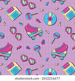 Padrão contínuo com patins de rolo retro bonitos, skates, estrelas, formas de rabiscar abstrato. Vintage textura vetorial para crianças têxtil, papel de embrulho. Cartoon 80s-90s história em quadrinhos estilo de fundo para meninas.
