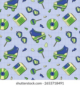 Padrão contínuo com patins de rolo retro bonitos, skates, estrelas, formas de rabiscar abstrato. Vintage textura vetorial para crianças têxtil, papel de embrulho. Cartoon 80s-90s história em quadrinhos estilo de fundo para meninas.
