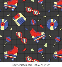 Padrão contínuo com patins de rolo retro bonitos, skates, estrelas, formas de rabiscar abstrato. Vintage textura vetorial para crianças têxtil, papel de embrulho. Cartoon 80s-90s história em quadrinhos estilo de fundo para meninas.
