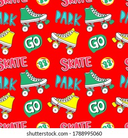 Seamless pattern with cute retro rollersskates Yellow and green on a red background for web projects, Vector illustration design for fashion fabrics, textile graphics, prints.