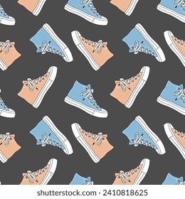 Seamless pattern with cute retro sports sneakers. Vintage texture for textile, wrapping paper. Cartoon background. Vector