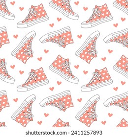 Seamless pattern with cute retro sports sneakers. Vintage texture for textile, wrapping paper. Cartoon background. Vector