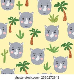 Seamless pattern with cute rhino animal faces. Illustration in boho style, dream catcher, cactus, palm trees, tropics