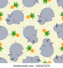 seamless pattern with cute rhino and pineapple - vector illustration, eps