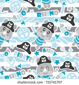 Seamless pattern of cute rhino pirate boys, swords, and anchors on striped background vector cartoon illustration for baby shower wrapping paper, fabric clothes, and wallpaper