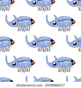 Seamless pattern, cute rhinoceros beetle, cartoon, baby. on white background for fabric, wrapping paper