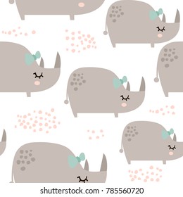 Seamless pattern with cute rhinoceros girls in scandinavian style. Creative vector childish background for kids fabric, textile,wrapping, apparel