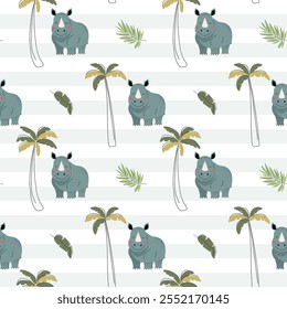 Seamless pattern with cute rhinoceros and palm trees. Childish jungle background. Tropical wallpaper.