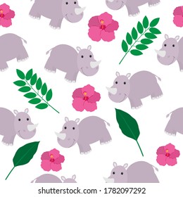 Seamless pattern of cute rhinos tropical leaves and flowers vector illustration