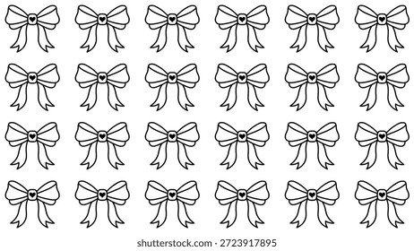 Patrón sin fisuras de lazos de cinta linda con corazones. Ilustración vectorial de arte de línea en blanco y negro para colorear libros, papel de regalo o textiles de moda para niñas. Cinta minimalista sin patrón.
