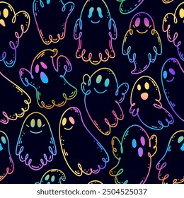 Seamless pattern with  cute ridescence ghosts on black background.