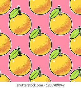 Seamless pattern of cute ripe fruit, lemon, orange, apple with leaf on pink background.