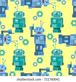 Seamless pattern with cute robots.