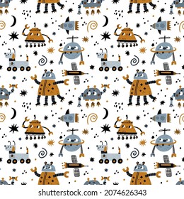 Seamless pattern cute robots. Kids funny robotic