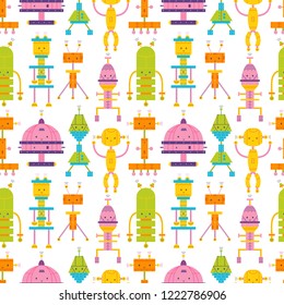 Seamless pattern with cute robots on white background. Backdrop with toy cyborgs, electronic monsters. Colorful vector illustration in flat cartoon style for wrapping paper, textile print, wallpaper.