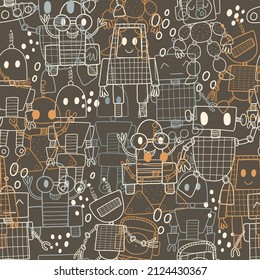 Seamless pattern with cute robots on a dusty black background. Digital background with vector hand drawn outline robots. Seamless pattern for kids fabric, textile