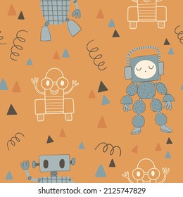 Seamless pattern with cute robots on a mustard yellow background. Digital background with vector hand drawn robots. Seamless pattern for baby fabric, textile