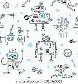 Seamless pattern with cute Robots and Robotics. Vector illustration.