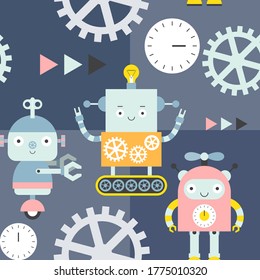 Seamless pattern with cute robots and tools in flat style. On blue background. Vector Illustration. Kids poster for nursery design. Great for baby textile, clothing, wrapping paper.