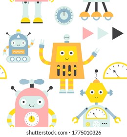 Seamless pattern with cute robots and tools in flat style. On white background. Vector Illustration. Kids poster for nursery design. Great for baby textile, clothing, wrapping paper.