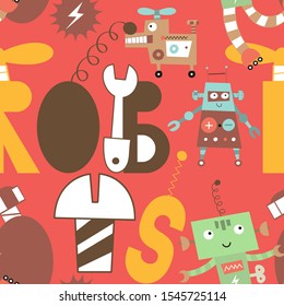 Seamless pattern with cute robots, transformer characters and lettering in Scandinavian style. Vector Illustration. Kids poster for nursery design. Great for baby textile, clothing, wrapping paper.