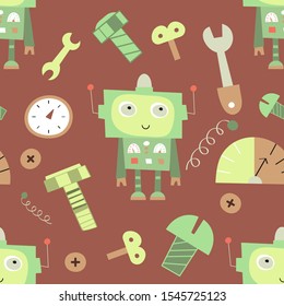 Seamless pattern with cute robots, transformer characters and tools in Scandinavian style. Vector Illustration. Kids poster for nursery design. Great for baby textile, clothing, wrapping paper.