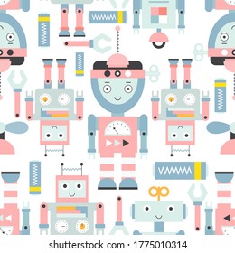 Seamless pattern with cute robots, transformer characters and tools in flat style. Vector Illustration. Kids poster for nursery design. Great for baby textile, clothing, wrapping paper.