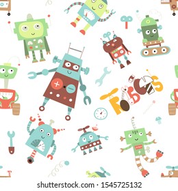 Seamless pattern with cute robots, transformers, androids and cyborgs in Scandinavian style. Vector Illustration. Kids wallpaper for nursery design. Great for baby textile, clothing, wrapping paper.