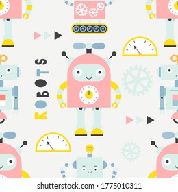 Seamless pattern with cute robots, transformers, androids and cyborgs in flat style. Vector Illustration. Kids wallpaper for nursery design. Great for baby textile, clothing, wrapping paper.