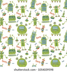 Seamless pattern with cute robots. Vector illustration on a blue-green background.